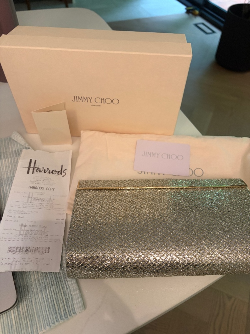 Jimmy Choo Silver Glitter Leather Clutch – Full Set – Harrods Receipt  Emmie ?